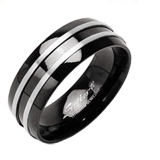 Купить кольцо из титана Spikes R-TI-3066L черное с металлическими полосамими оптом от 670 руб.