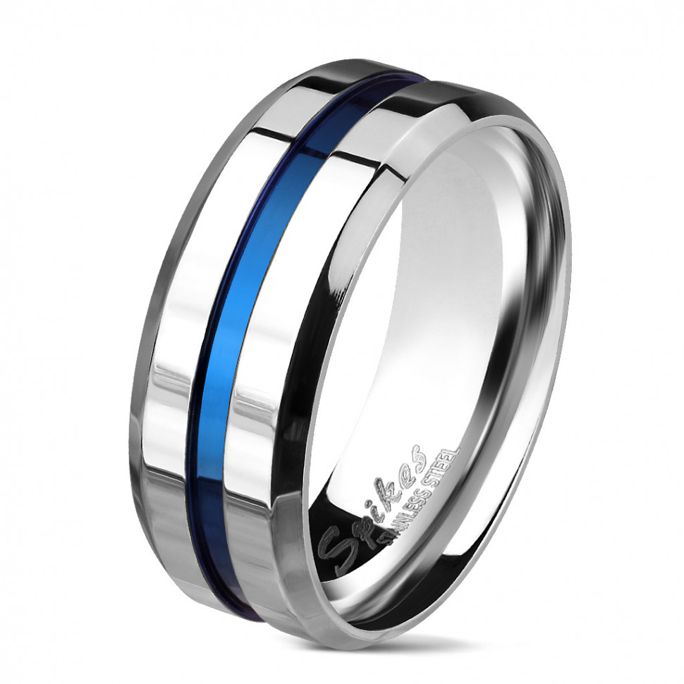 Купить мужское кольцо из стали Spikes R-M6694B с синей полосой оптом от 400 руб.