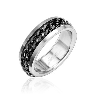 Купить мужское кольцо из стали Spikes R8011 с вращающейся черной цепью по центру оптом от 470 руб.
