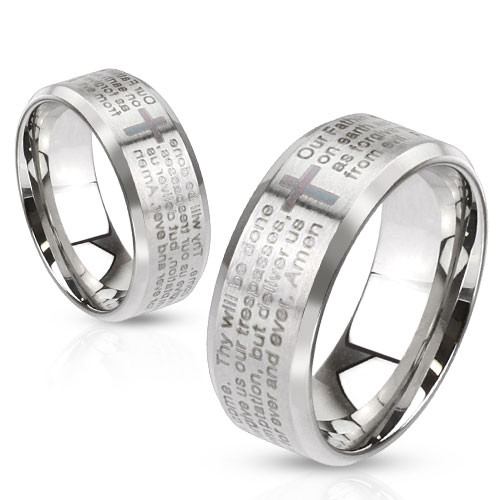 Купить кольцо из стали Spikes R-M2769 с молитвой "Отче наш" на английском языке оптом от 430 руб.