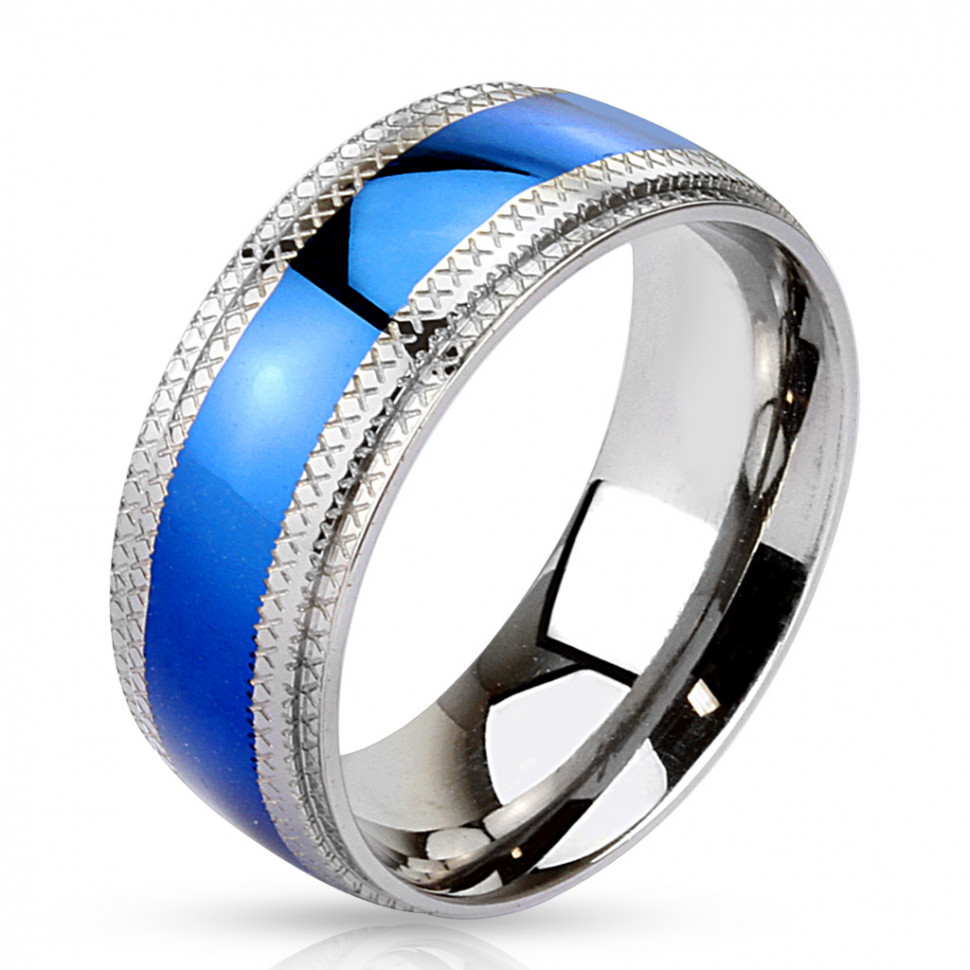 Купить кольцо из стали TATIC R-H0941 с синей полосой мужское оптом от 540 руб.