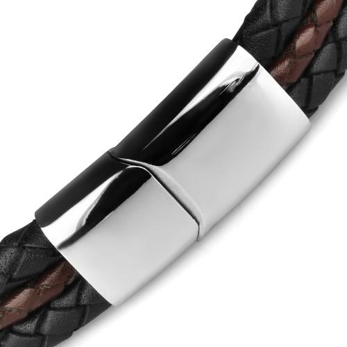 Купить мужской плетеный браслет из кожи Everiot Select LNS-5031 со стальной вставкой оптом от 1 470 руб.