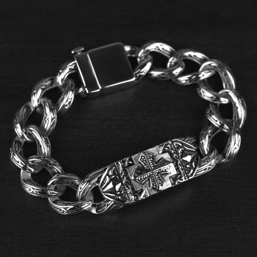Купить мужской браслет-цепь Spikes SSBQ-3103 из стали с рельефными звеньями и крестом оптом от 1 930 руб.