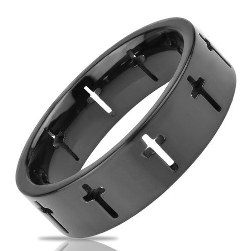 Купить черное кольцо из нержавеющей стали TATIC RSS-2394 с крестами оптом от 500 руб.