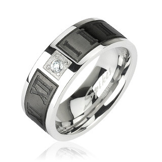 Купить кольцо из стали Spikes --R-H1655 с гравированными римскими цифрами и фианитом, черное оптом от 630 руб.