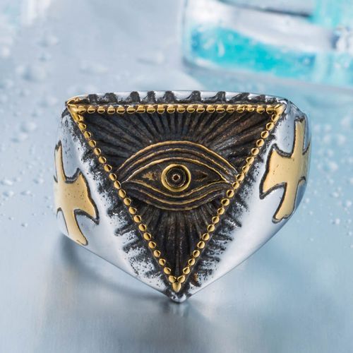 Купить мужской перстень из стали с крестами и символом масонов "Всевидящее око" Everiot SR-BR-176-GD оптом от 1 680 руб.
