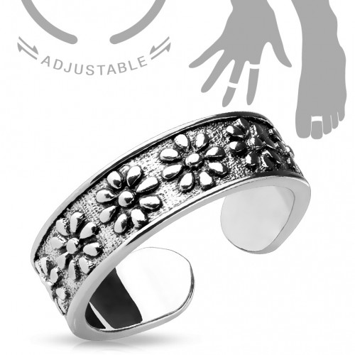 Купить безразмерное незамкнутое кольцо для пальцев ног/на фалангу TATIC R-A16525 с цветами под античное серебро оптом от 320 руб.