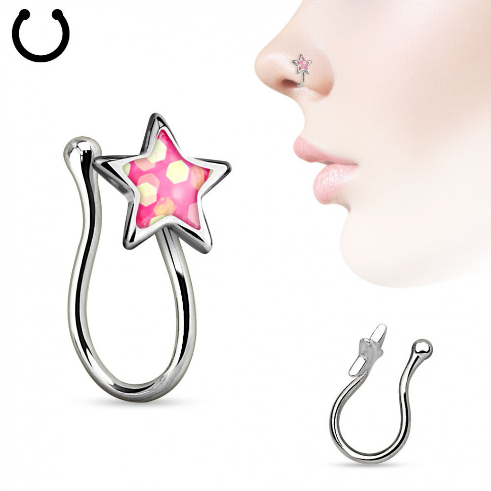 Купить пирсинг-обманка (клипса) в крыло носа PiercedFish NOCL04-P с розовой звездой оптом от 250 руб.