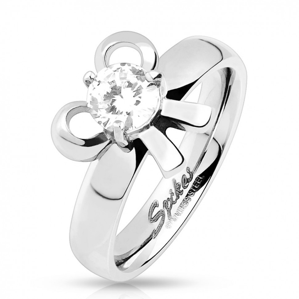 Купить кольцо из стали Spikes R-S1538 с бантиком и крупным фианитом оптом от 700 руб.
