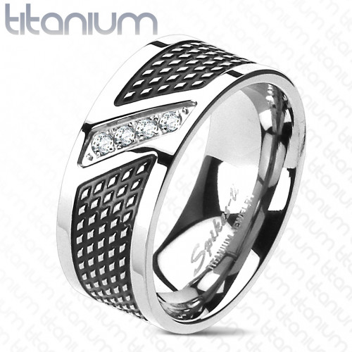 Купить кольцо мужское из титана Spikes R-TI-4311 с черной полоской и фианитами по центру оптом от 870 руб.