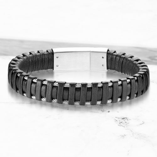 Купить мужской браслет из экокожи со стальной вставкой TATIC SLQ-1015S черный оптом от 1 420 руб.