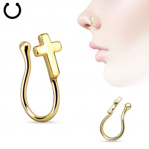 Серьга пирсинг-обманка (клипса) в нос PiercedFish NOCL06-GD с крестом