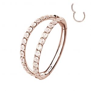 Двойное кольцо кликер из титана с фианитами PiercedFish RHT73, цвет розовое золото, для хряща уха, трагуса и хеликса, брови, губ, носа, пупка