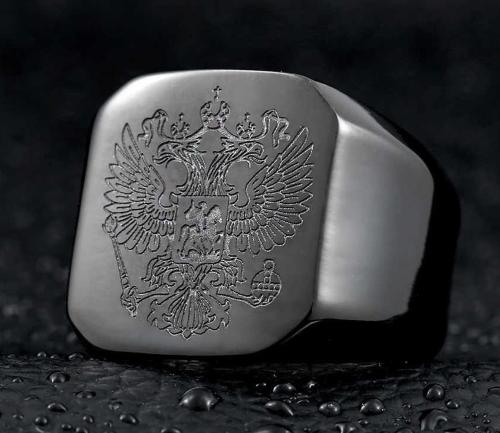 Купить черный мужской перстень из стали TATIC RSS-0321, кольцо с гербом двуглавый орел оптом от 750 руб.