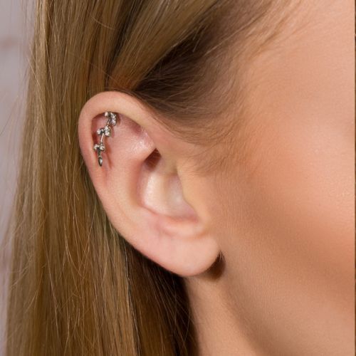 Купить штанга "Веточка" для пирсинга хряща уха (хеликса) из стали c фианитами PiercedFish JA15381 оптом от 360 руб.