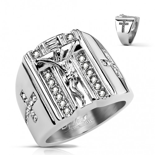 Купить мужской перстень из стали Spikes R-H19075S с крестом и фианитами оптом от 980 руб.