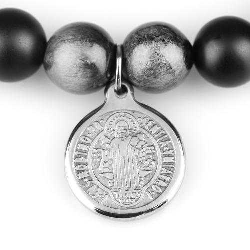 Купить браслет Шамбала из агата и камня соколиный глаз с медальоном Святого Бенедикта и крестом Everiot Select LNS-2099 оптом от 810 руб.