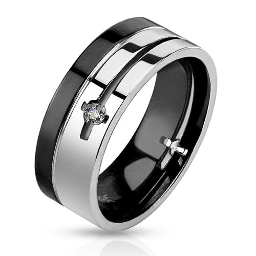 Купить кольцо мужское из стали Spikes R-M2999 двухцветное, с фианитом по центру оптом от 540 руб.
