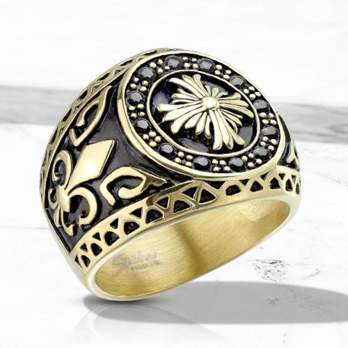 Купить мужской перстень из стали с крестом, символом "Флер-де-лис" и фианитами Spikes R-M6813 оптом от 640 руб.