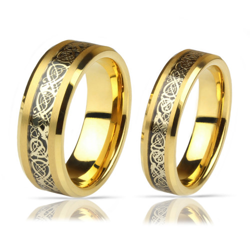Купить кольцо из карбида вольфрама Lonti RTG-0032 с узором "Кельтский дракон" на черном фоне оптом от 1 130 руб.