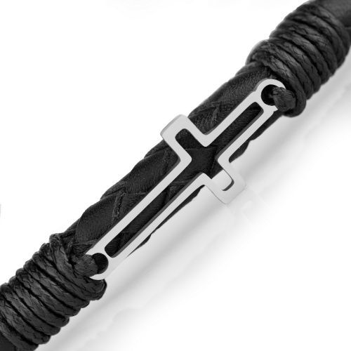Купить мужской плетеный браслет из черной кожи Everiot Select LNS-5041 с крестом оптом от 1 010 руб.