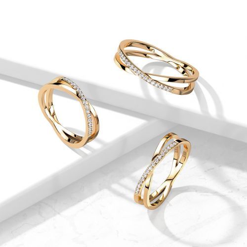 Купить женское двойное кольцо из ювелирной стали TATIC RSS-7719 с дорожкой фианитов, цвет розового золота оптом от 770 руб.