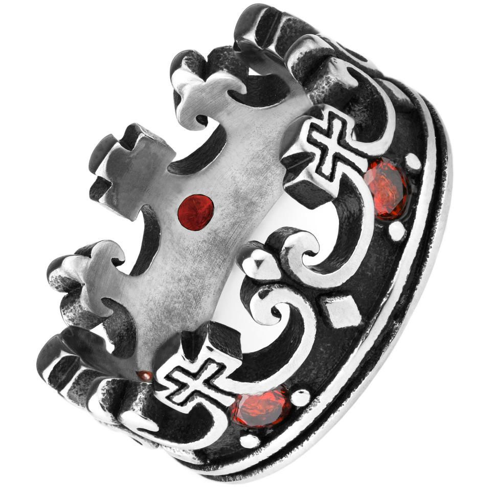 Купить стальное кольцо в форме короны Everiot SR-ZS-7007 с крестами и красными фианитами оптом от 710 руб.