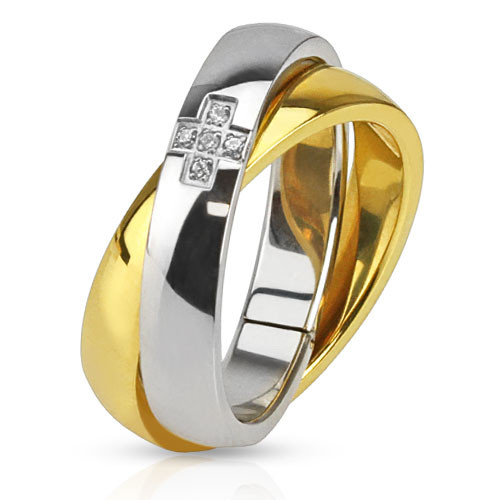 Купить двойное кольцо из стали TATIC R-M3025G с фианитами оптом от 820 руб.