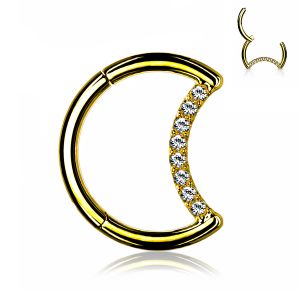Кольцо кликер месяц из титана с фианитами PiercedFish RHT65 серьга для пирсинга септума носа, брови, хряща уха, сосков, пупка, желтое золото