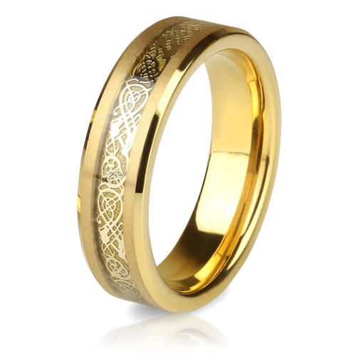Купить кольцо из карбида вольфрама Lonti RTG-0035 с узором "Кельтский дракон" на золотистом фоне оптом от 1 100 руб.