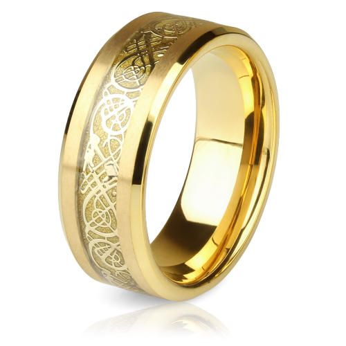 Купить кольцо из карбида вольфрама Lonti RTG-0035 с узором "Кельтский дракон" на золотистом фоне оптом от 1 100 руб.
