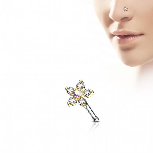 Купить серьга нострил (гвоздик) для пирсинга крыла носа PiercedFish NOB-625 с фианитами в форме цветка оптом от 370 руб.