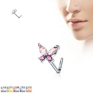 Серьга нострил (гвоздик) для пирсинга крыла носа PiercedFish NOL-611 с фианитами в форме бабочки