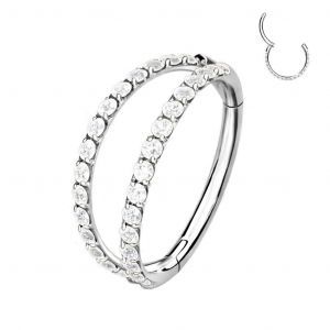 Двойное кольцо кликер из титана с фианитами PiercedFish RHT73, пирсинг-серьга для хряща уха, трагуса и хеликса, брови, губ, носа, пупка