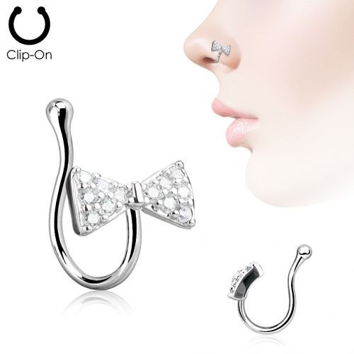 Купить серьга пирсинг-обманка (клипса) на крыло носа PiercedFish NOCL12 c фианитами в форме бантика оптом от 290 руб.