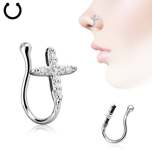 Купить серьга пирсинг-обманка (клипса) в крыло носа PiercedFish NOCL15 в форме креста с фианитами  оптом от 270 руб.