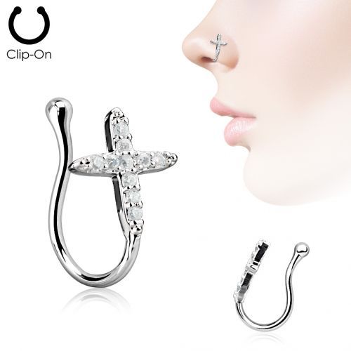 Купить серьга пирсинг-обманка (клипса) в крыло носа PiercedFish NOCL15 в форме креста с фианитами  оптом от 270 руб.
