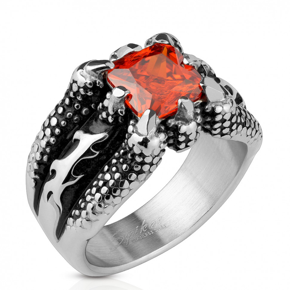 Купить перстень мужской "Лапа дракона" из стали Spikes R-M2556 с красным фианитом оптом от 830 руб.